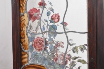 イギリスアンティーク　1930年頃　エナメル絵付け　花や鳥を描いた華やかなステンドグラス入り衝立2枚(1対)セット　(R-090501)
