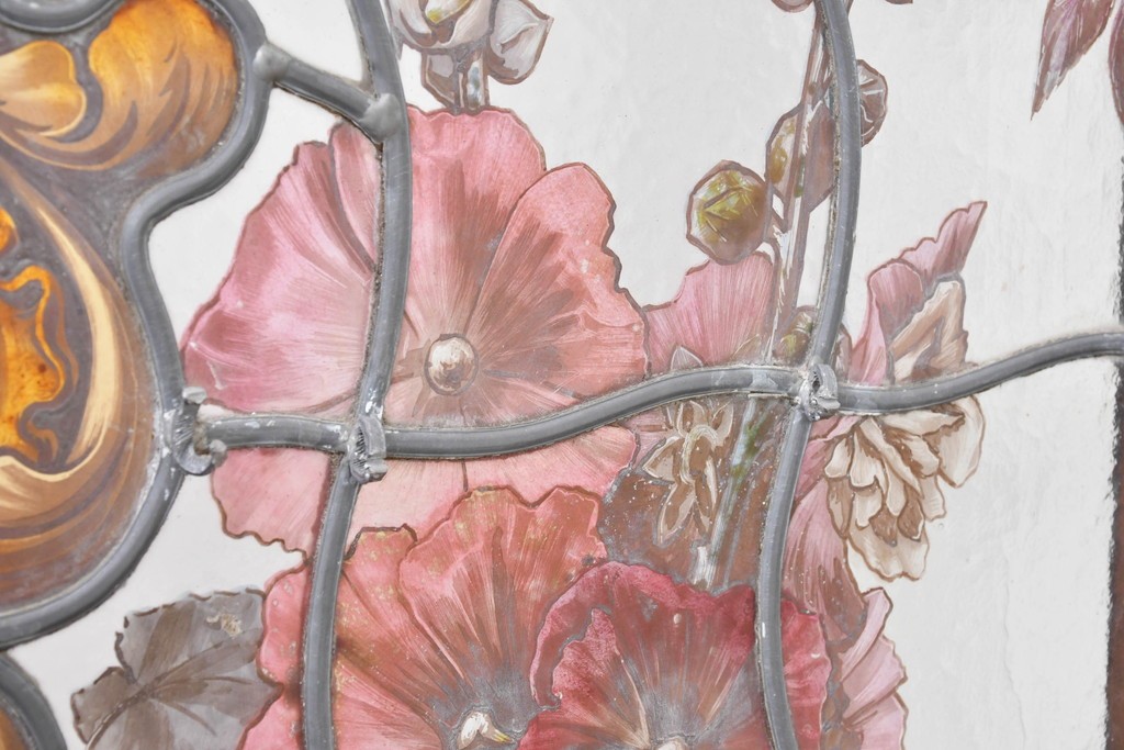 イギリスアンティーク　1930年頃　エナメル絵付け　花や鳥を描いた華やかなステンドグラス入り衝立2枚(1対)セット　(R-090501)