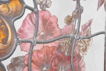 イギリスアンティーク　1930年頃　エナメル絵付け　花や鳥を描いた華やかなステンドグラス入り衝立2枚(1対)セット　(R-090501)