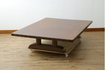 和製アンティーク　昭和初期　高級工芸家具!!　総欅(けやき)材　上杢一枚板　天板を縁取る雷文彫刻と見事な杢目が魅力の座卓　(R-090512)