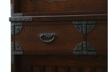 中古　駿河民芸　ガラス引き戸と引き出しを備えた端正な重ね水屋箪笥　(R-090517)
