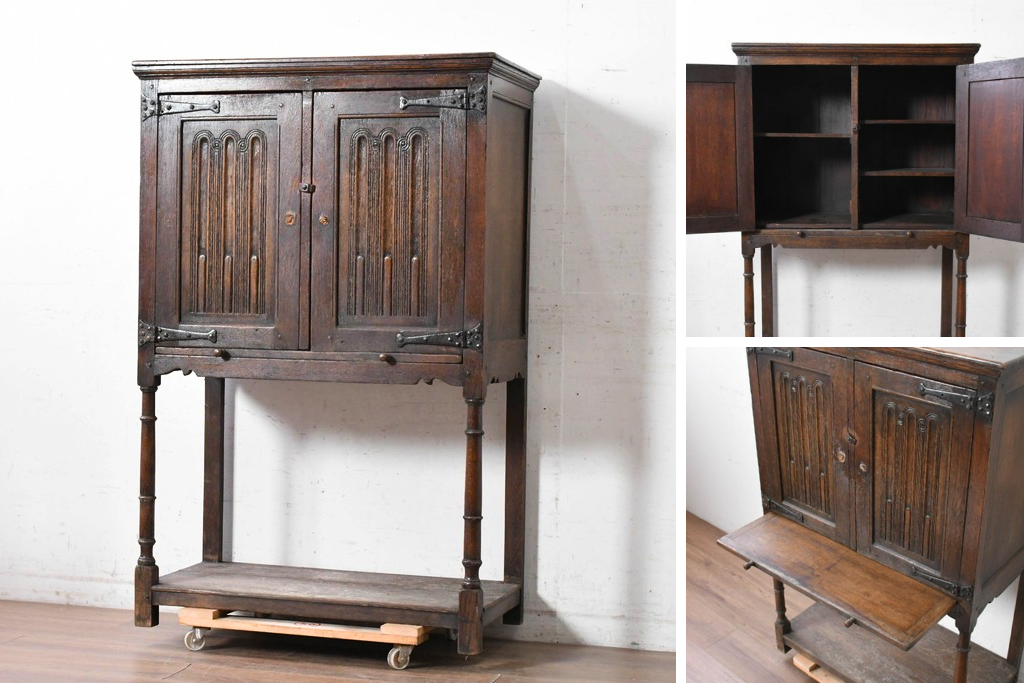 イギリスアンティーク　1900年頃　Kean & Scott Ltd(キーン&スコット)　オーク材　アーチ状の彫刻扉が特徴の作業台付きキャビネット　(R-090543)