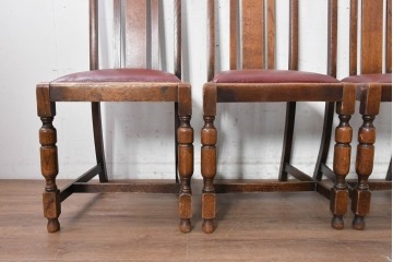 イギリスアンティーク　1920年頃　オーク材　合皮　縦長のハイバックが空間をすっきり見せるダイニングチェア3脚セット　(R-090554)