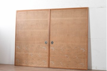 和製アンティーク　昭和初期　上手物!!　大正ロマン　草花と尾長鳥を描いた片面ふすまの幅広板戸2枚セット　(R-090564)