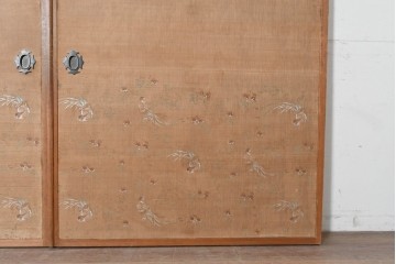 和製アンティーク　昭和初期　上手物!!　大正ロマン　草花と尾長鳥を描いた片面ふすまの幅広板戸2枚セット　(R-090564)