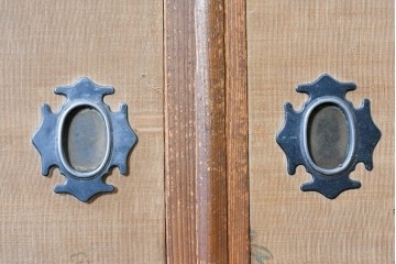 和製アンティーク　昭和初期　上手物!!　大正ロマン　草花と尾長鳥を描いた片面ふすまの幅広板戸2枚セット　(R-090564)
