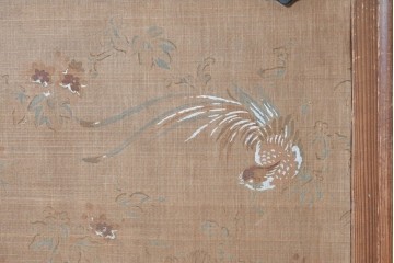 和製アンティーク　昭和初期　上手物!!　大正ロマン　草花と尾長鳥を描いた片面ふすまの幅広板戸2枚セット　(R-090564)