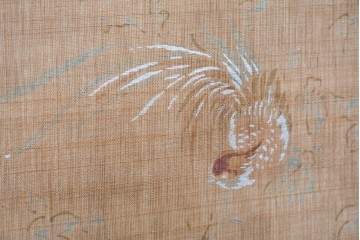 和製アンティーク　昭和初期　上手物!!　大正ロマン　草花と尾長鳥を描いた片面ふすまの幅広板戸2枚セット　(R-090564)