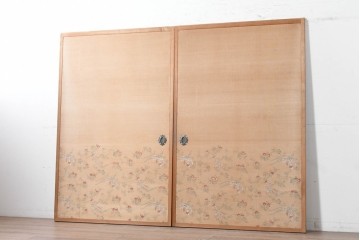 和製アンティーク　昭和初期　上手物!!　大正ロマン　草花と尾長鳥を描いた片面ふすまの幅広板戸2枚セット　(R-090565)