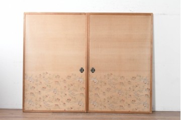 和製アンティーク　昭和初期　上手物!!　大正ロマン　草花と尾長鳥を描いた片面ふすまの幅広板戸2枚セット　(R-090565)