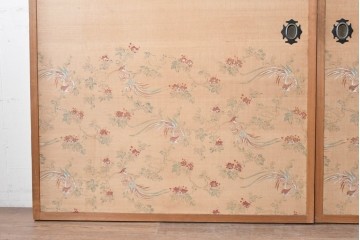 和製アンティーク　昭和初期　上手物!!　大正ロマン　草花と尾長鳥を描いた片面ふすまの幅広板戸2枚セット　(R-090565)