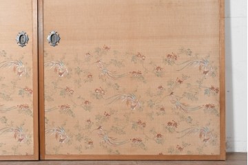 和製アンティーク　昭和初期　上手物!!　大正ロマン　草花と尾長鳥を描いた片面ふすまの幅広板戸2枚セット　(R-090565)