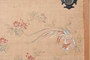 和製アンティーク　昭和初期　上手物!!　大正ロマン　草花と尾長鳥を描いた片面ふすまの幅広板戸2枚セット　(R-090565)