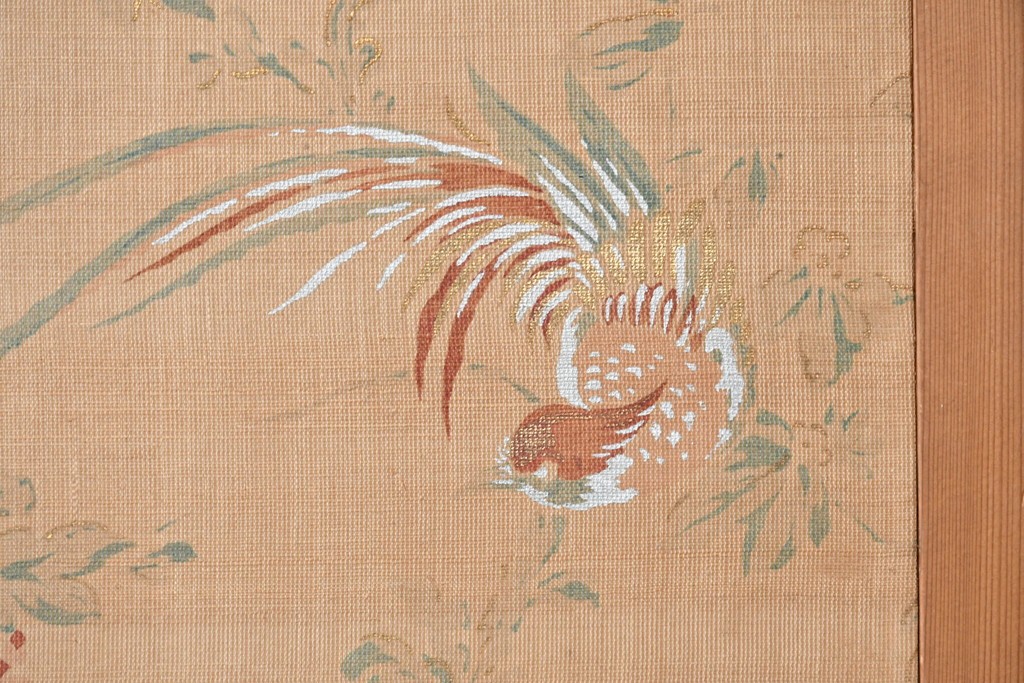 和製アンティーク　昭和初期　上手物!!　大正ロマン　草花と尾長鳥を描いた片面ふすまの幅広板戸2枚セット　(R-090565)