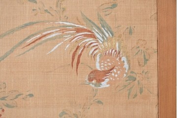 和製アンティーク　昭和初期　上手物!!　大正ロマン　草花と尾長鳥を描いた片面ふすまの幅広板戸2枚セット　(R-090565)