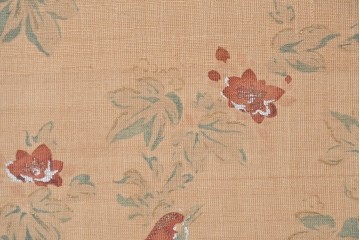 和製アンティーク　昭和初期　上手物!!　大正ロマン　草花と尾長鳥を描いた片面ふすまの幅広板戸2枚セット　(R-090565)