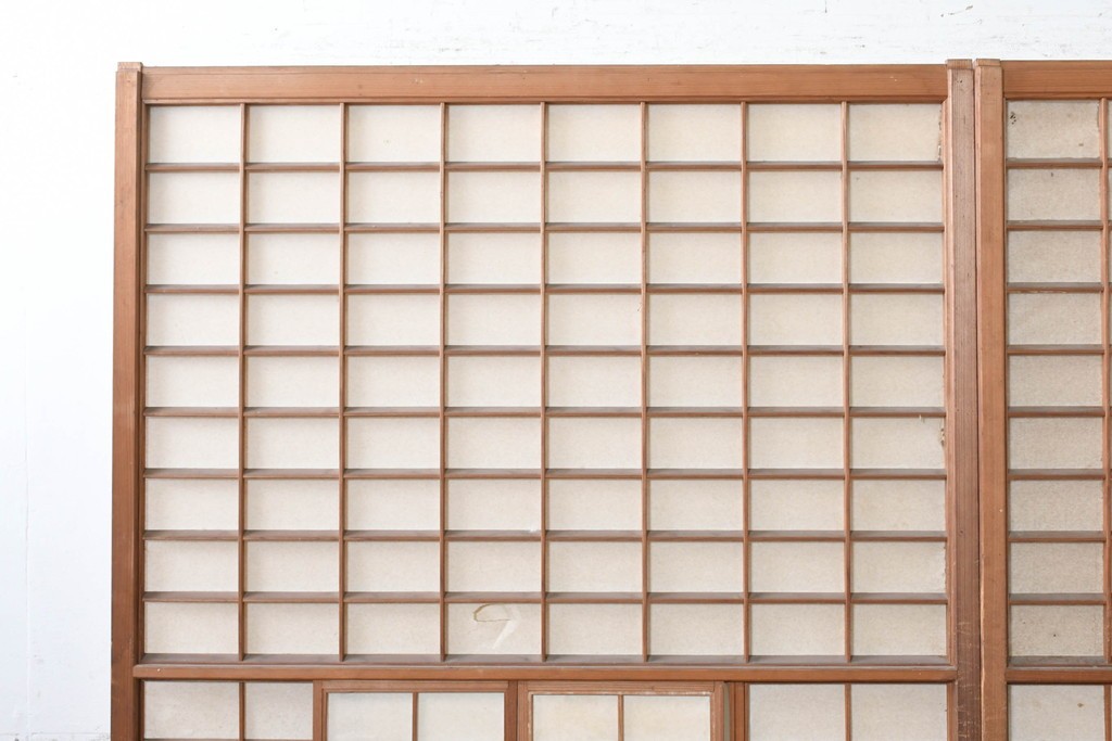 ヴィンテージ建具　昭和中期　幅広　細かな格子組が上品な猫間障子戸2枚セット　(R-090568)