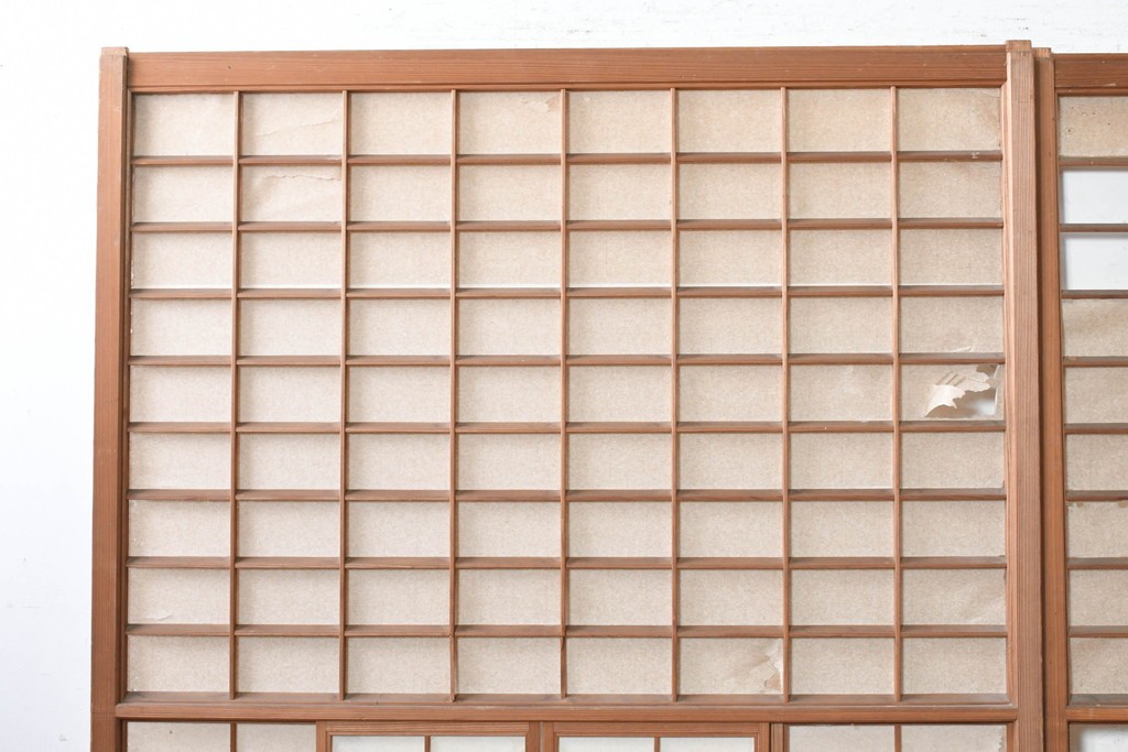 ヴィンテージ建具　昭和中期　幅広　細かな格子組が上品な猫間障子戸2枚セット　(R-090569)