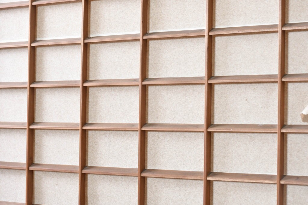 ヴィンテージ建具　昭和中期　幅広　細かな格子組が上品な猫間障子戸2枚セット　(R-090569)