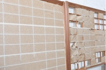 ヴィンテージ建具　昭和中期　幅広　細かな格子組が上品な猫間障子戸2枚セット　(R-090569)