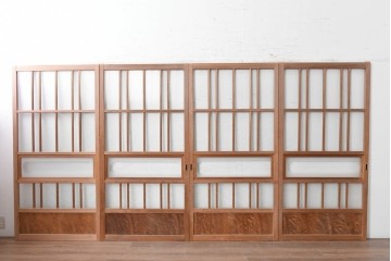 ヴィンテージ建具　昭和後期　型板ガラスと木目を楽しめるガラス戸4枚セット　(R-090587)