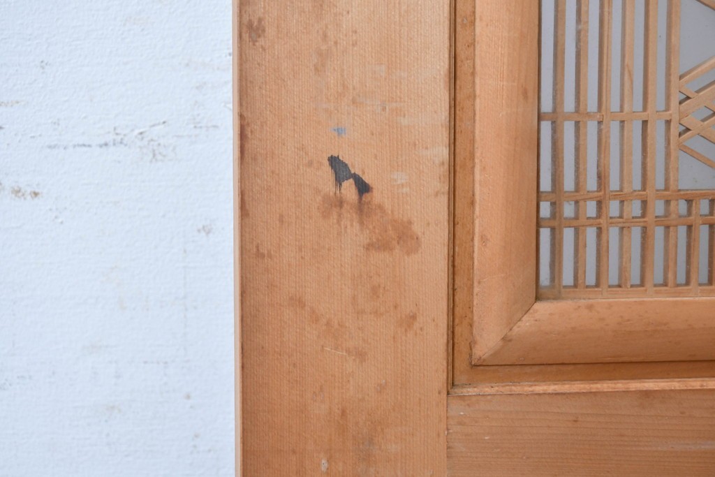 ヴィンテージ建具　昭和後期　欅(ケヤキ)玉杢プリント合板　三重菱の組子細工が美しい帯戸2枚セット　(R-090591)