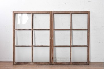 ヴィンテージ建具　昭和中期　素朴な木枠が味わい深いガラス窓2枚セット　(R-090634)
