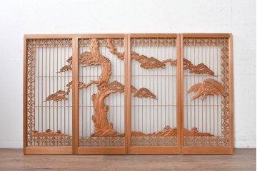 ヴィンテージ建具　昭和後期　片面ガラス　松鷹図の彫刻が圧巻の組子入り書院戸4枚セット　(R-090647)