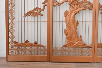 ヴィンテージ建具　昭和後期　片面ガラス　松鷹図の彫刻が圧巻の組子入り書院戸4枚セット　(R-090647)