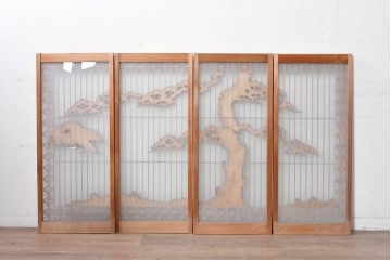 ヴィンテージ建具　昭和後期　片面ガラス　松鷹図の彫刻が圧巻の組子入り書院戸4枚セット　(R-090647)