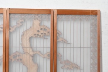 ヴィンテージ建具　昭和後期　片面ガラス　松鷹図の彫刻が圧巻の組子入り書院戸4枚セット　(R-090647)