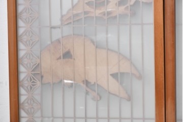 ヴィンテージ建具　昭和後期　片面ガラス　松鷹図の彫刻が圧巻の組子入り書院戸4枚セット　(R-090647)