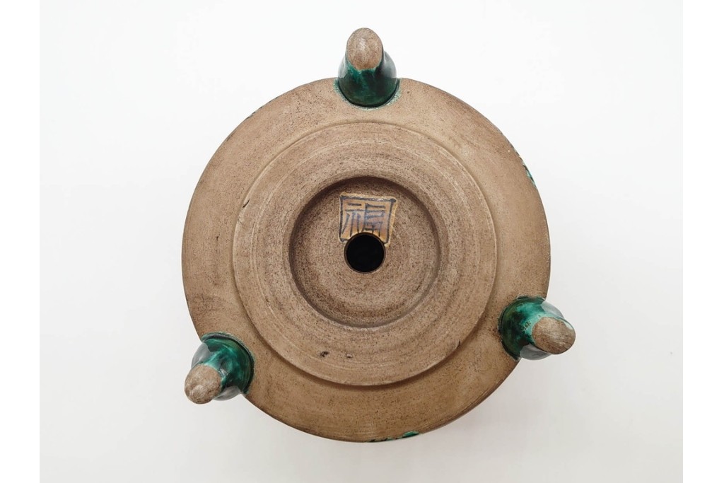 時代物　角福　色絵　花鳥図が華やかな三つ足植木鉢　(R-090656)