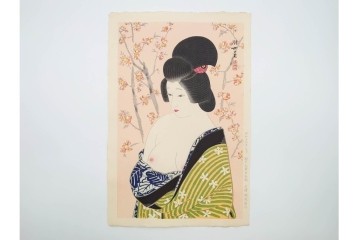 真作　昭和56年3月作　神保朋世　「あたたか」　可憐な梅花と女性を描いた木版画　(R-090662)