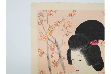真作　昭和56年3月作　神保朋世　「あたたか」　可憐な梅花と女性を描いた木版画　(R-090662)