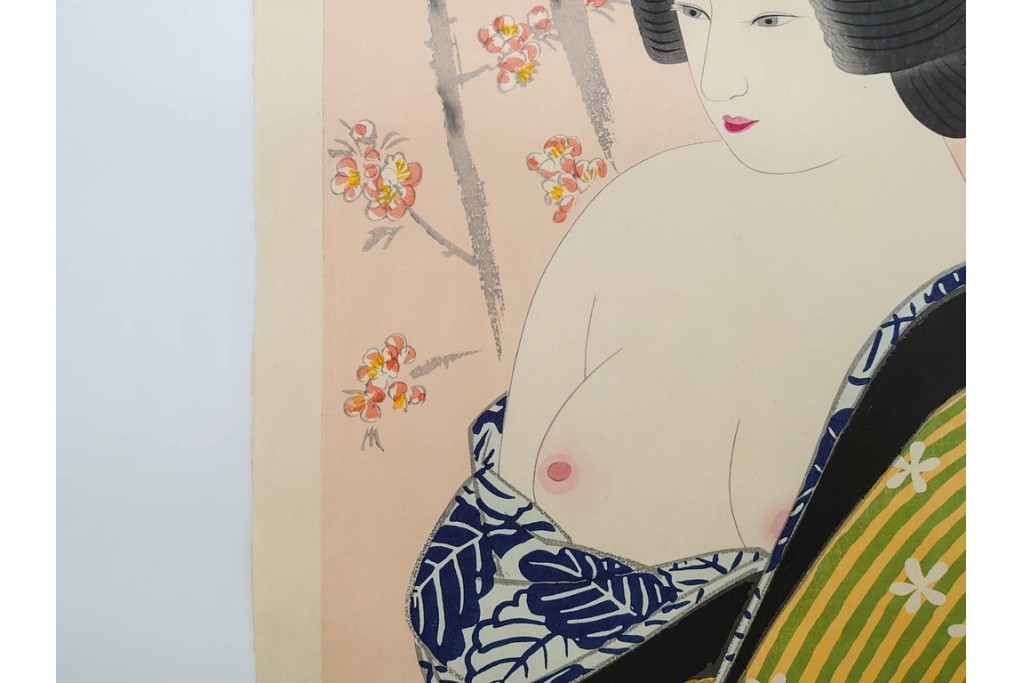 真作　昭和56年3月作　神保朋世　「あたたか」　可憐な梅花と女性を描いた木版画　(R-090662)