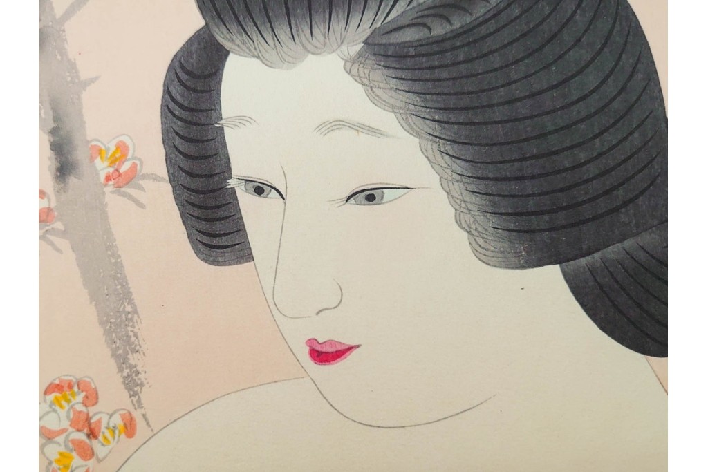 真作　昭和56年3月作　神保朋世　「あたたか」　可憐な梅花と女性を描いた木版画　(R-090662)