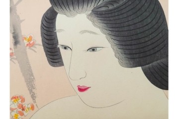 真作　昭和56年3月作　神保朋世　「あたたか」　可憐な梅花と女性を描いた木版画　(R-090662)