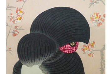 真作　昭和56年3月作　神保朋世　「あたたか」　可憐な梅花と女性を描いた木版画　(R-090662)