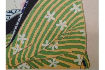 真作　昭和56年3月作　神保朋世　「あたたか」　可憐な梅花と女性を描いた木版画　(R-090662)