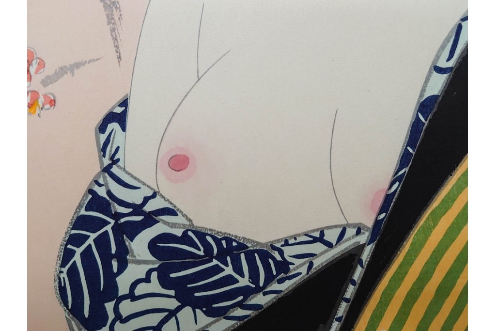 真作　昭和56年3月作　神保朋世　「あたたか」　可憐な梅花と女性を描いた木版画　(R-090662)
