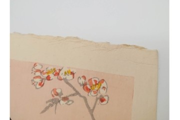 真作　昭和56年3月作　神保朋世　「あたたか」　可憐な梅花と女性を描いた木版画　(R-090662)