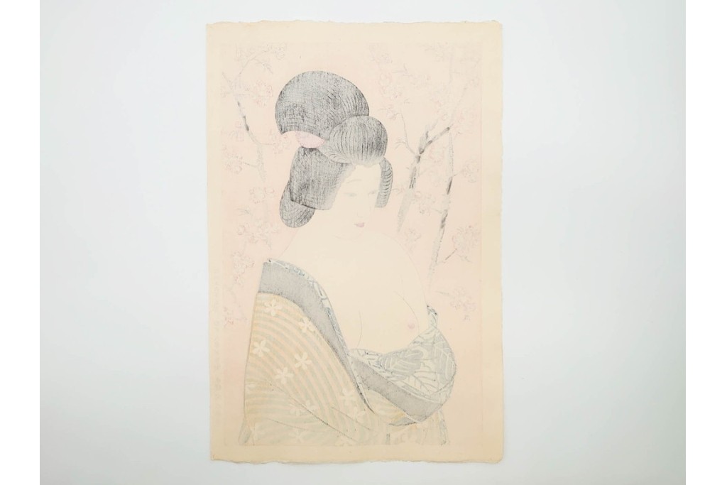 真作　昭和56年3月作　神保朋世　「あたたか」　可憐な梅花と女性を描いた木版画　(R-090662)