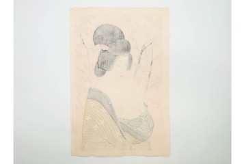 真作　昭和56年3月作　神保朋世　「あたたか」　可憐な梅花と女性を描いた木版画　(R-090662)