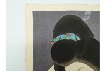 真作　昭和55年6月作　神保朋世　「静夜」　うつむく女性を描いた木版画　(R-090663)