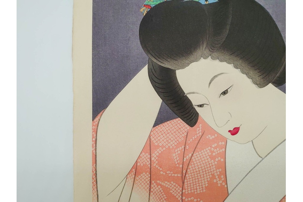 真作　昭和55年6月作　神保朋世　「静夜」　うつむく女性を描いた木版画　(R-090663)