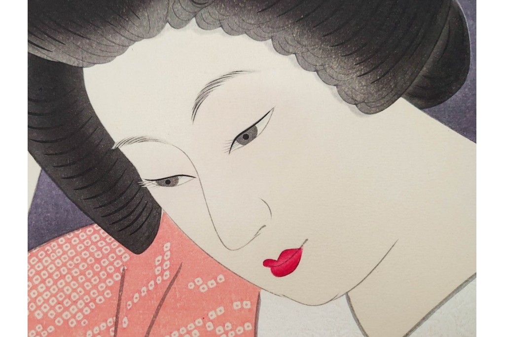 真作　昭和55年6月作　神保朋世　「静夜」　うつむく女性を描いた木版画　(R-090663)