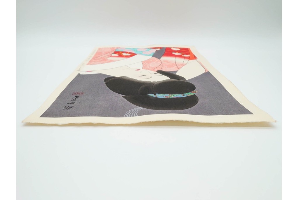 真作　昭和55年6月作　神保朋世　「静夜」　うつむく女性を描いた木版画　(R-090663)