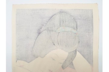 真作　昭和55年6月作　神保朋世　「静夜」　うつむく女性を描いた木版画　(R-090663)