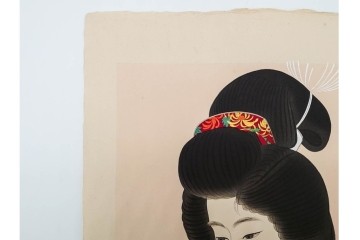 真作　昭和32年12月作　神保朋世　「夜情」　着物姿の女性を描いた木版画　(R-090664)
